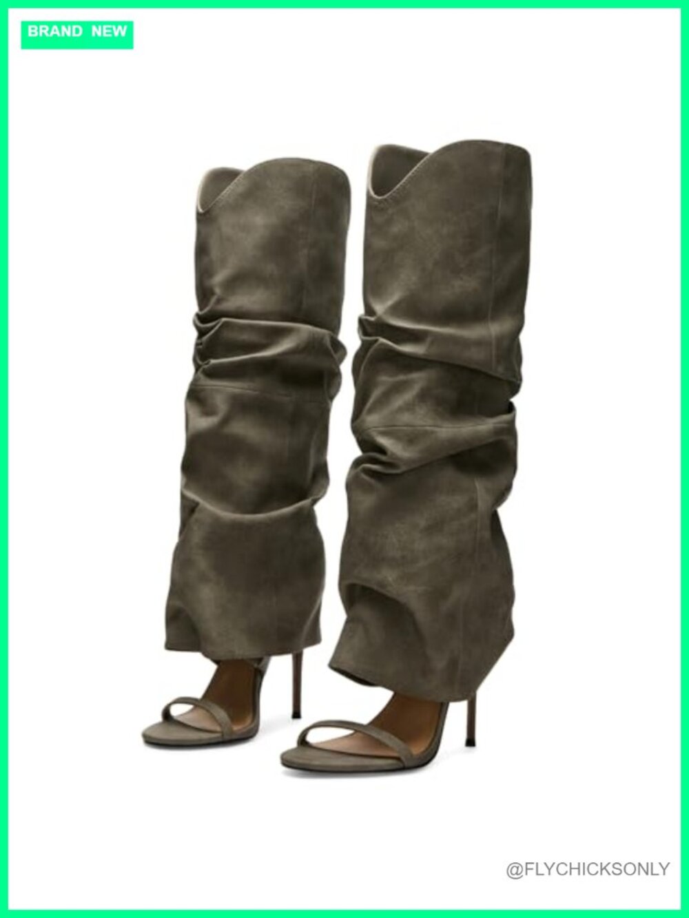 Slouched Ruched Knee High Heels Open Toe Stiletto Pull On Wide Calf Sandals
